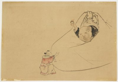 Hotei ofiarowujący płonący klejnot małemu chłopcu, ok. 1850 (tusz i kolor na papierze) autorstwa Katsushika (school of) Hokusai