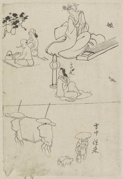 Różne występy, w tym dama z koto, siedząca dama i dwóch mężczyzn autorstwa After Katsushika Hokusai
