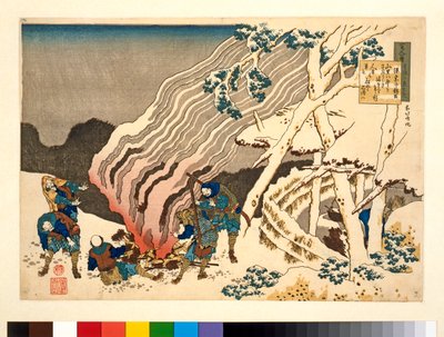 0H Riches 1913 Łowcy przy ognisku na śniegu, z serii „100 wierszy wyjaśnionych przez pielęgniarkę” („Hyakunin isshu uba ga etoki”), ok. 1835-38 autorstwa Katsushika Hokusai