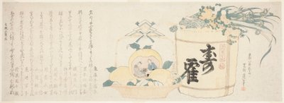 Beczka sake i kosz pomarańczy autorstwa Katsushika Hokusai