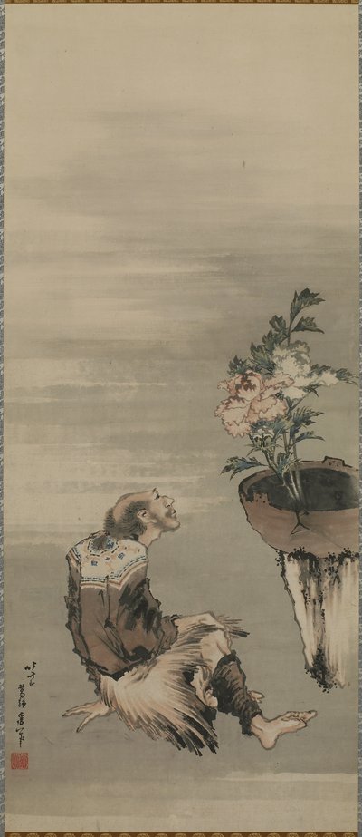 Siedzący mężczyzna patrzący na piwonie doniczkowe, okres Edo (tusz i kolor na papierze) autorstwa Katsushika Hokusai