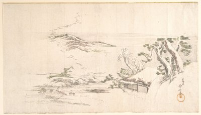 Pokryty śniegiem krajobraz z szarymi chmurami autorstwa Katsushika Hokusai