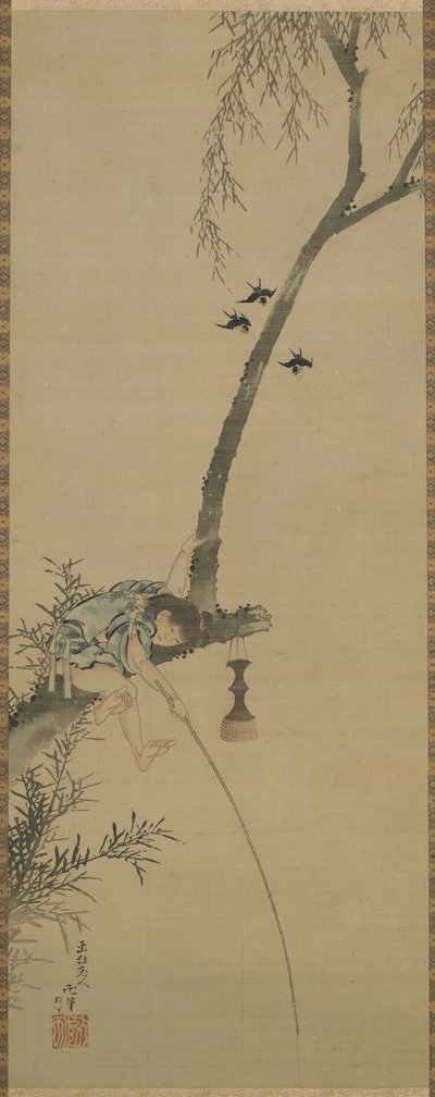 Chłopiec łowiący z konaru drzewa, okres Edo (tusz i odcień na jedwabnym panelu) autorstwa Katsushika Hokusai