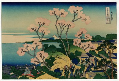 Grupa Japończyków pod drzewami wiśni w czasie kwitnienia, w Shinagawa, Tokaido Road, Japonia, z widokiem na górę Fuji w oddali autorstwa Katsushika Hokusai