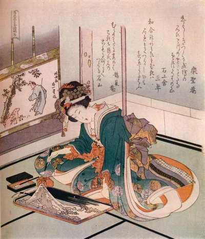 Kobieta wykonująca miniaturowy model góry Fuji, ok. 1823 r. autorstwa Katsushika Hokusai