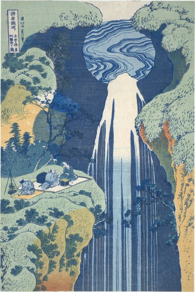 Wodospad Amida w oddali przy drodze Kiso, z serii „Podróż po wodospadach różnych prowincji” autorstwa Katsushika Hokusai