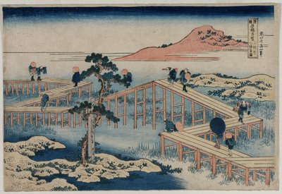 Antyczny obraz ośmioczęściowego mostu w prowincji Mikawa (z cyklu Ciekawe widoki słynnych mostów w prowincjach) autorstwa Katsushika Hokusai