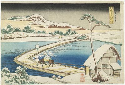 Antyczny widok mostu pontonowego w Sano, prowincja Ko_zuke, 1833-1834 autorstwa Katsushika Hokusai