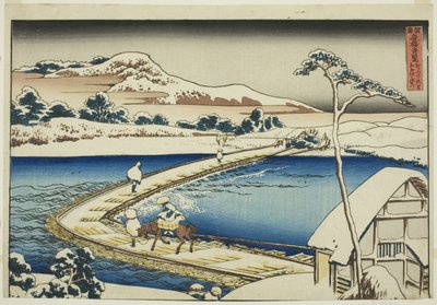 Antyczny widok mostu pontonowego w Sano w prowincji Kozuke (Kozuke Sano funabashi no kozu), z cyklu „Niezwykłe widoki słynnych mostów w różnych prowincjach (Shokoku meikyo kiran)” autorstwa Katsushika Hokusai