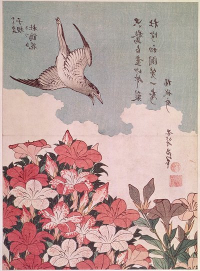 Azalia i kukułka, wyd. Eijudo, ok. 1830 (kolorowy drzeworyt) autorstwa Katsushika Hokusai