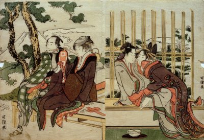 Azuma i Yogoro w starym śniegu. Koman i Yosaku o zachodzie słońca autorstwa Katsushika Hokusai
