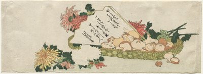 Kosz z Wachlarzem, Chryzantemami i Grzybami autorstwa Katsushika Hokusai