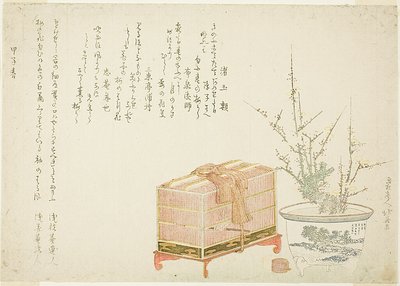 Klatka dla ptaków i śliwka doniczkowa autorstwa Katsushika Hokusai