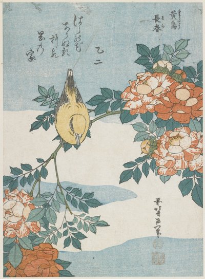 Wilga czarnowłosa i róża chińska, ok. 1930 r. 1833 autorstwa Katsushika Hokusai