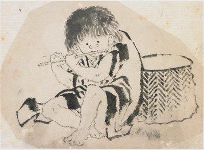 Chłopiec grający na flecie, okres Edo, ca. 1840. autorstwa Katsushika Hokusai