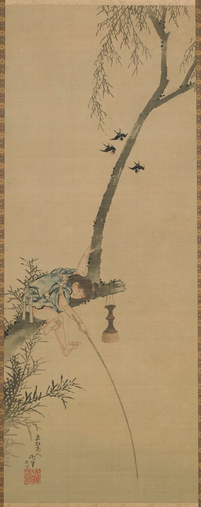 Chłopiec łowiący z gałęzi drzewa, okres Edo, 1839. autorstwa Katsushika Hokusai