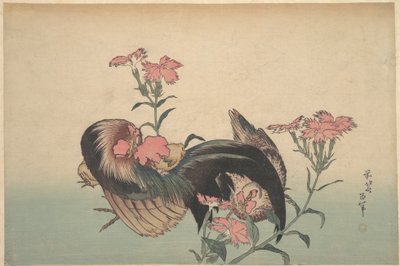 Kogut, Kura i Nadeshiko (Dianthus Superbus) autorstwa Katsushika Hokusai
