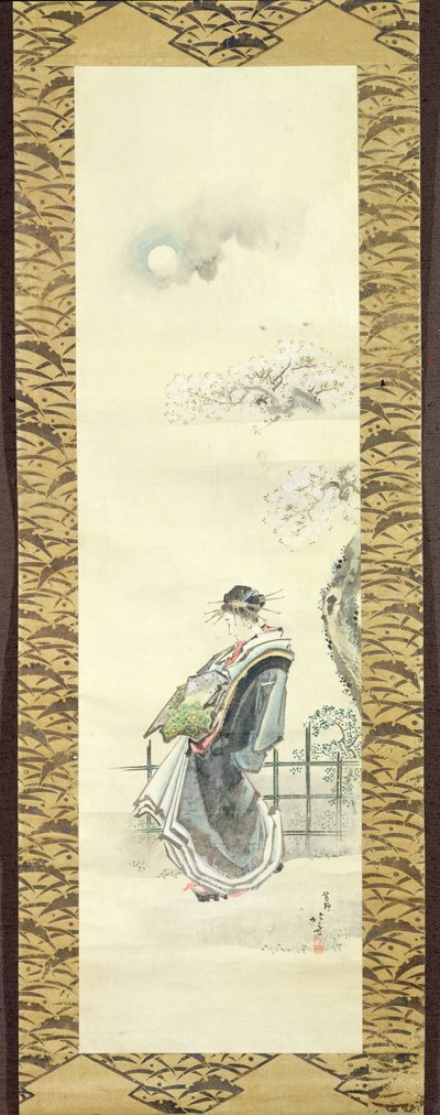 Kurtyzana na spacer (pióro i tusz z praniem na papierze) autorstwa Katsushika Hokusai