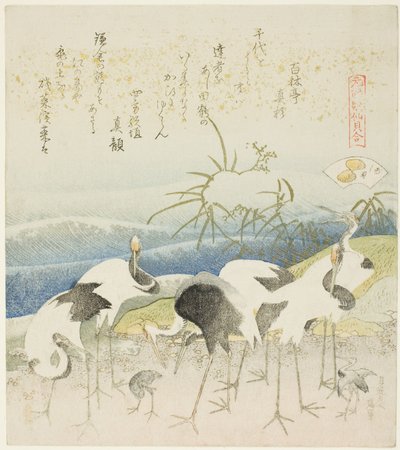 Żurawie nad brzegiem, ilustracja do The Leg Shell (Ashigai), z serii „Gra w dopasowywanie z muszlami poematu z okresu Genroku (Genroku kasen kai awase)” autorstwa Katsushika Hokusai