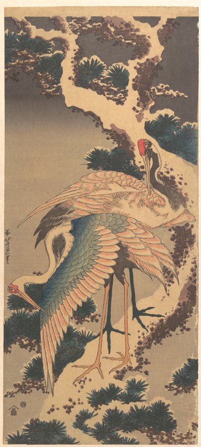 Żurawie na gałęzi pokrytej śniegiem sosny autorstwa Katsushika Hokusai