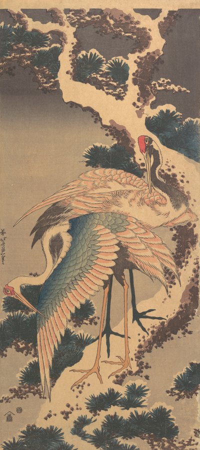 Żurawie na gałęzi ośnieżonej sosny, koniec lat 20. XIX wieku. autorstwa Katsushika Hokusai