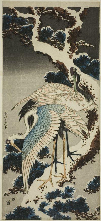 Żurawie na ośnieżonej sośnie autorstwa Katsushika Hokusai