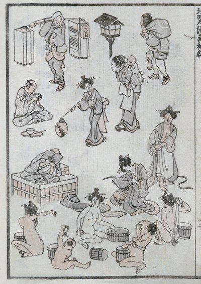 Gesty z życia codziennego, z mangi (kolorowy drzeworyt) autorstwa Katsushika Hokusai