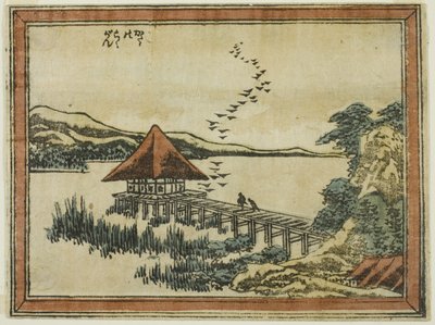 Zstępujące gęsi w Katadzie (Katada no rakugan), z serii Osiem widoków Omi w stylu akwaforty (Doban Omi hakkei) autorstwa Katsushika Hokusai