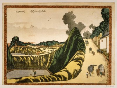 Wioska na drodze z Ushigafuchi do Kudan autorstwa Katsushika Hokusai