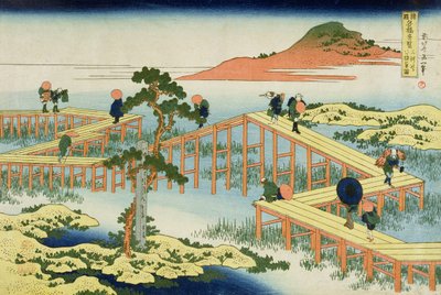 Ośmioczęściowy most, prowincja Mucawa, Japonia, ok. 1830 (odbitka drewniana) autorstwa Katsushika Hokusai