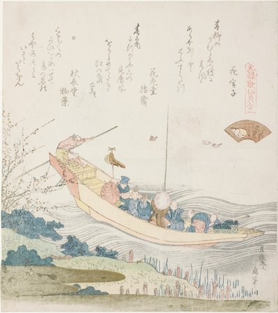 Prom na rzece Sumida, ilustracja do muszli stolicy (Miyako-gai), z serii „Gra w dopasowywanie z muszlami wierszy z okresu Genroku (Genroku kasen kai awase)” autorstwa Katsushika Hokusai