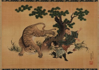 Synowska pobożność: Yang Hsiang ratujący ojca przed tygrysem, koniec XVIII i początek XIX wieku. autorstwa Katsushika Hokusai