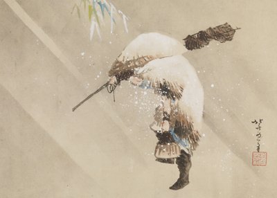 Rybak niosący sieć na śniegu, ok. 1821 (atrament, kolor i zabawa na papierze) autorstwa Katsushika Hokusai