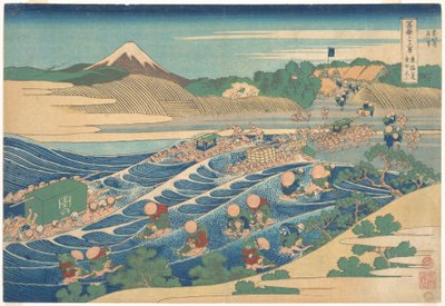 Góra Fuji widziana z Kanaya przy drodze Tōkaidō (Tōkaidō Kanaya no Fuji), z cyklu „Trzydzieści sześć widoków góry Fuji” (Fugaku sanjūrokkei) autorstwa Katsushika Hokusai