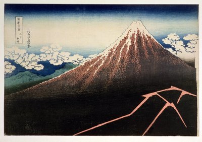Fuji nad Błyskawicą”, z cyklu „36 widoków na górę Fuji” („Fugaku sanjurokkei”), wyd. Nishimura Eijudo, 1831, (ręcznie barwiony drzeworyt) autorstwa Katsushika Hokusai