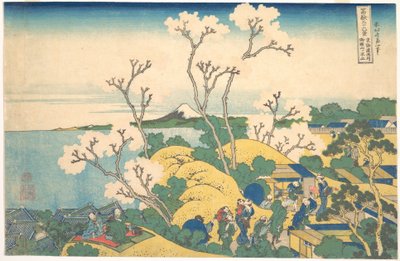 Fuji widziane z Gotenyama w Shinagawie na trasie Tōkaidō (Tōkaidō Shinagawa Gotenyama no Fuji), z cyklu „Trzydzieści sześć widoków góry Fuji” (Fugaku sanjūrokkei) autorstwa Katsushika Hokusai