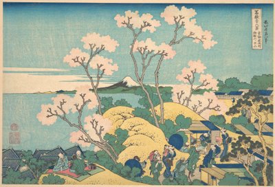Góra Fuji widziana z Gotenyama przy drodze Tōkaidō w Shinagawie (Tōkaidō Shinagawa Gotenyama no Fuji), z cyklu „Trzydzieści sześć widoków góry Fuji” (Fugaku sanjūrokkei) autorstwa Katsushika Hokusai