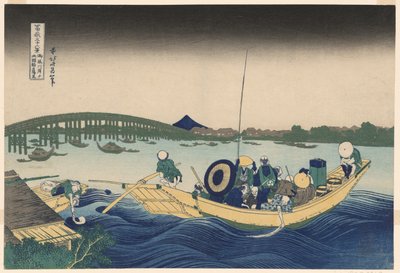 Fuji z Ommayagashi ze Zmierzchem nad mostem Ryogoku (Ommayagashi yori ryogokubashi sekiyo o miru), z cyklu „Trzydzieści sześć widoków na górę Fuji (Fugaku sanjurokkei)” autorstwa Katsushika Hokusai