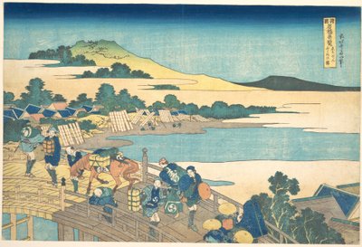 Most Fukui w prowincji Echizen (Echizen Fukui no hashi), z serii „Niezwykłe widoki mostów w różnych prowincjach” (Shokoku meikyō kiran) autorstwa Katsushika Hokusai
