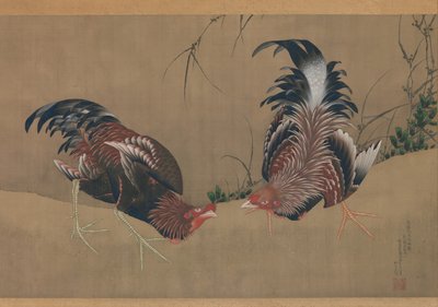 Gamecocks, datowany na 1838 rok. autorstwa Katsushika Hokusai