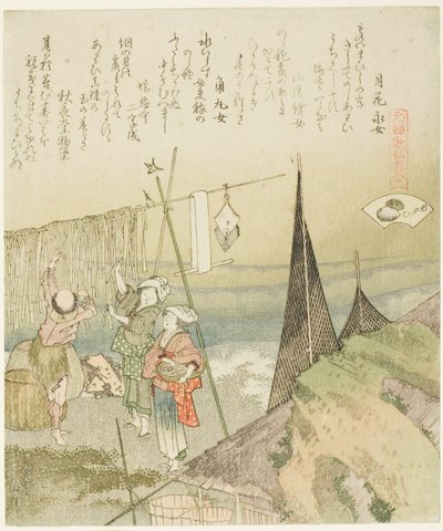 Hanging Abalone Out to Dry, ilustracja dla Abalone (Awabi), z serii „Gra w dopasowywanie z muszelkami wierszy z okresu Genroku (Genroku kasen kai awase)” autorstwa Katsushika Hokusai