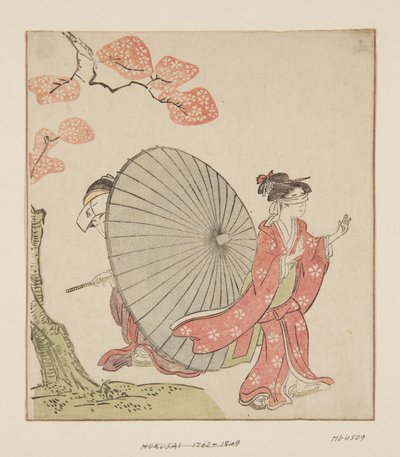 Hide and Seek (kolorowy drzeworyt) autorstwa Katsushika Hokusai