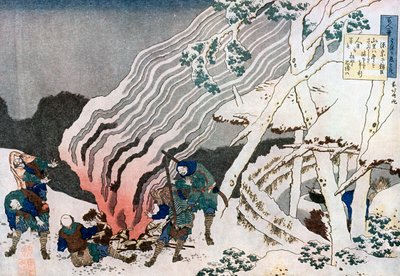 Łowcy przy ognisku na śniegu, ok. 1835 r. autorstwa Katsushika Hokusai