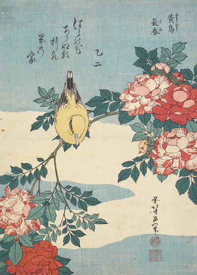 Słowik japoński i kiść róż, ok. 1930 r. 1832 autorstwa Katsushika Hokusai