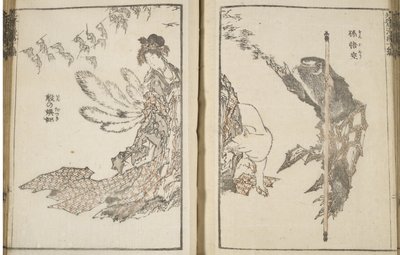 Japonka, biały lis z 9 ogonami i małpa (drzeworyt) autorstwa Katsushika Hokusai