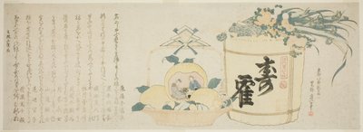 Beczka sake i kosz pomarańczy autorstwa Katsushika Hokusai