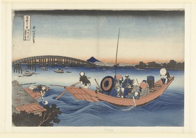 Oglądanie zachodu słońca na moście Ryogoku z Onmaya Bank Onmayagashi yori Ryogokubashi no sekiyo o miru (tytuł na obiekcie) 36 widoków góry Fuji (tytuł serii) Fugaku sanjurokkei (tytuł serii na obiekcie) autorstwa Katsushika Hokusai