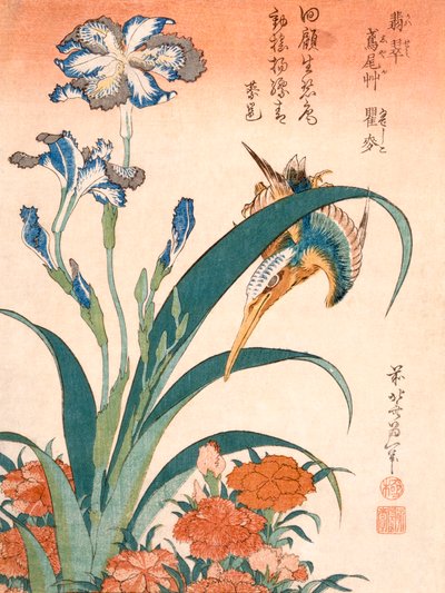 Zimorodek, irysy i róże (kolorowy drzeworyt) autorstwa Katsushika Hokusai