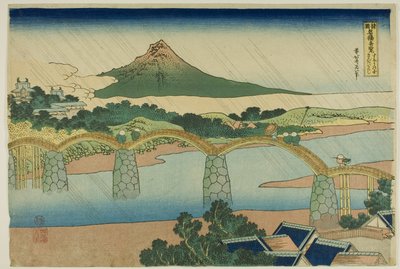 Most Kintai w prowincji Suo (Suo no kuni Kintaibashi), z serii "Niezwykłe widoki słynnych mostów w różnych prowincjach (Shokoku meikyo kiran)". autorstwa Katsushika Hokusai