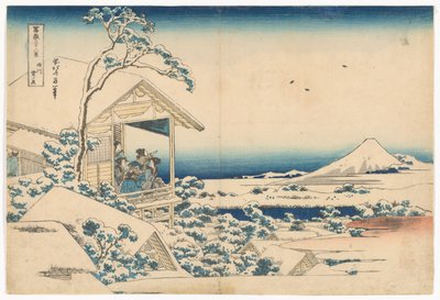 „Koishikawa w śnieżny poranek”, z cyklu „Trzydzieści sześć widoków góry Fuji” autorstwa Katsushika Hokusai